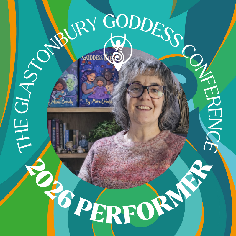 Marie Crowley - Storyteller and Author Smiling performer at the Glastonbury Goddess Conference 2026, vibrant background.