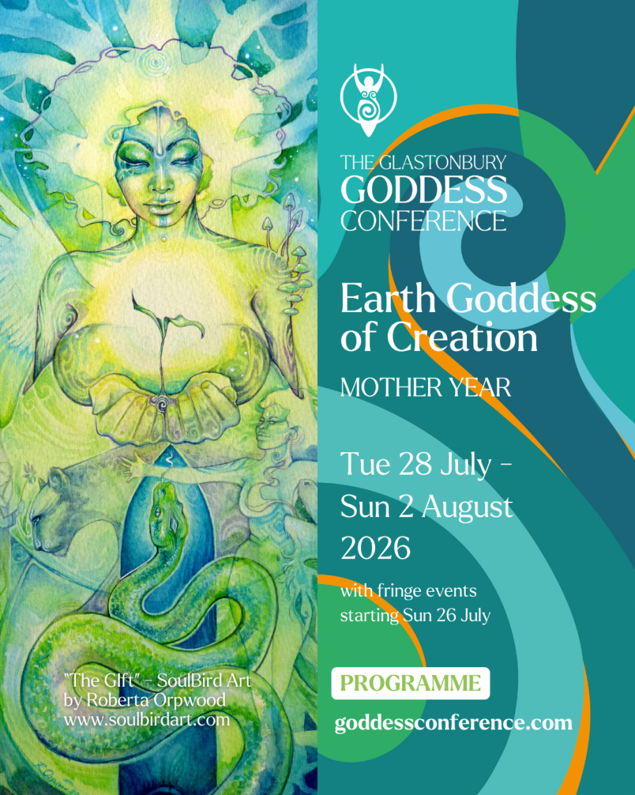 Goddess Conference 2026 Glastonbury Artistic depiction of a goddess surrounded by nature, promoting an event from 28 July to 2 August 2026.